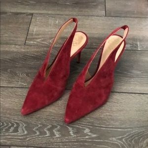 Red burgundy sling back slit pump heels